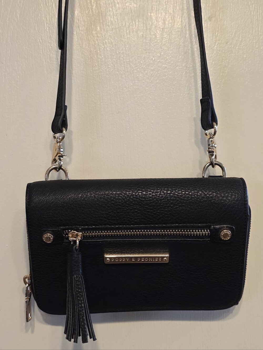 Poppy & Peonies Black Pebbled Leather Crossbody with Tassel